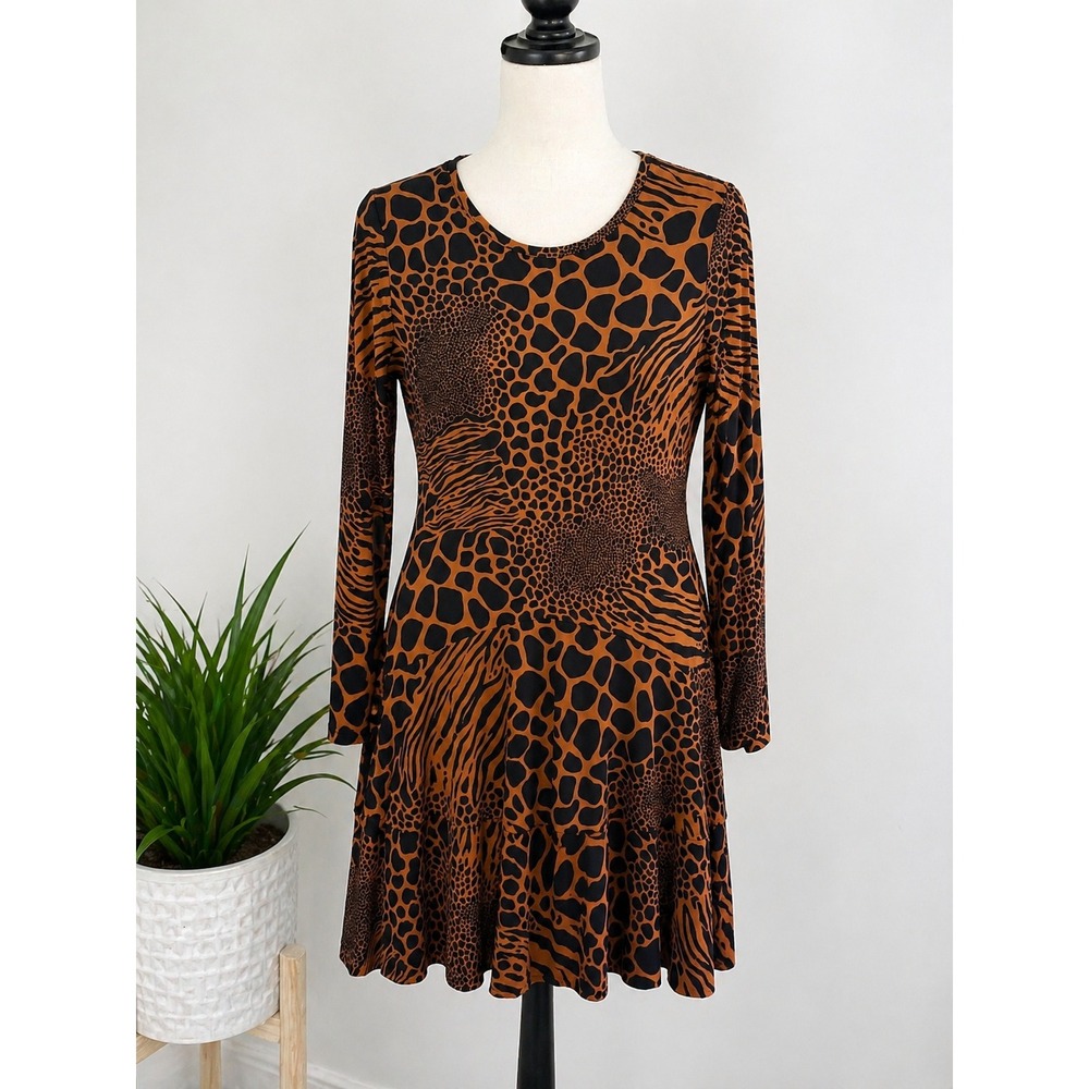 Michael Kors Medium Animal Print Dress Brown Black Skater Chic Y2K‎ Glam Safari